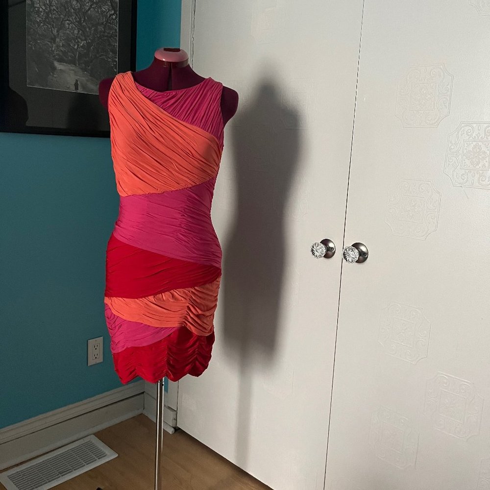 BCBGMaxAzria Ruched Bodycon Dress in Red, Pink, and Orange